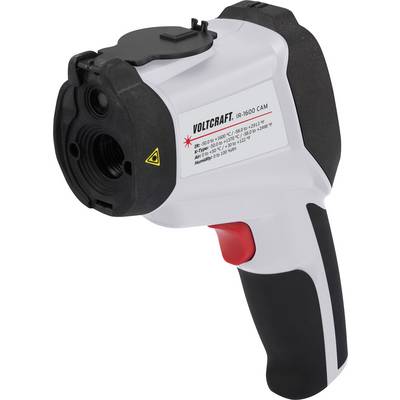 Infračervený teploměr s černou a červenou rukojetí, potištěný na zadní straně. Model: Voltcraft IR-1600 CAM.