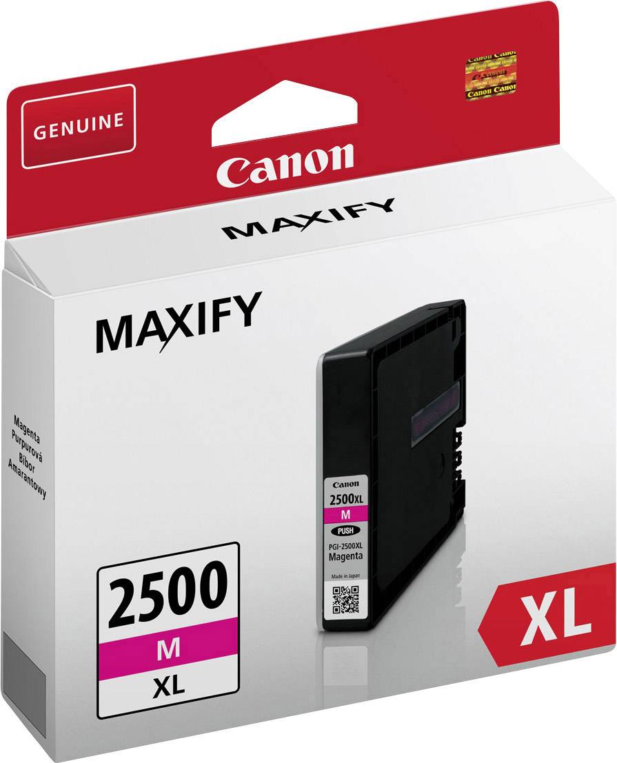 Inkoustová cartridge Canon Maxify XL, 2500 stran, purpurová, v originálním balení. Na obrázku je velká černá cartridge s červeným designem obalu.