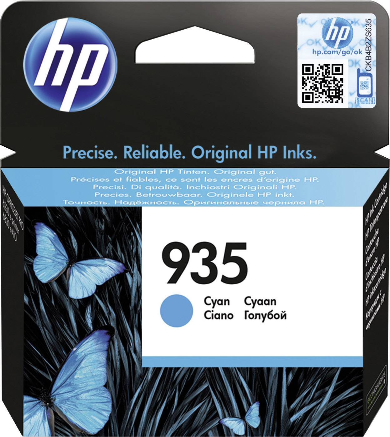 Inkoustová kazeta HP 935 v azurové barvě. Balení s modrou motýlí grafikou a textem: Přesné. Spolehlivé. Originální inkousty HP.