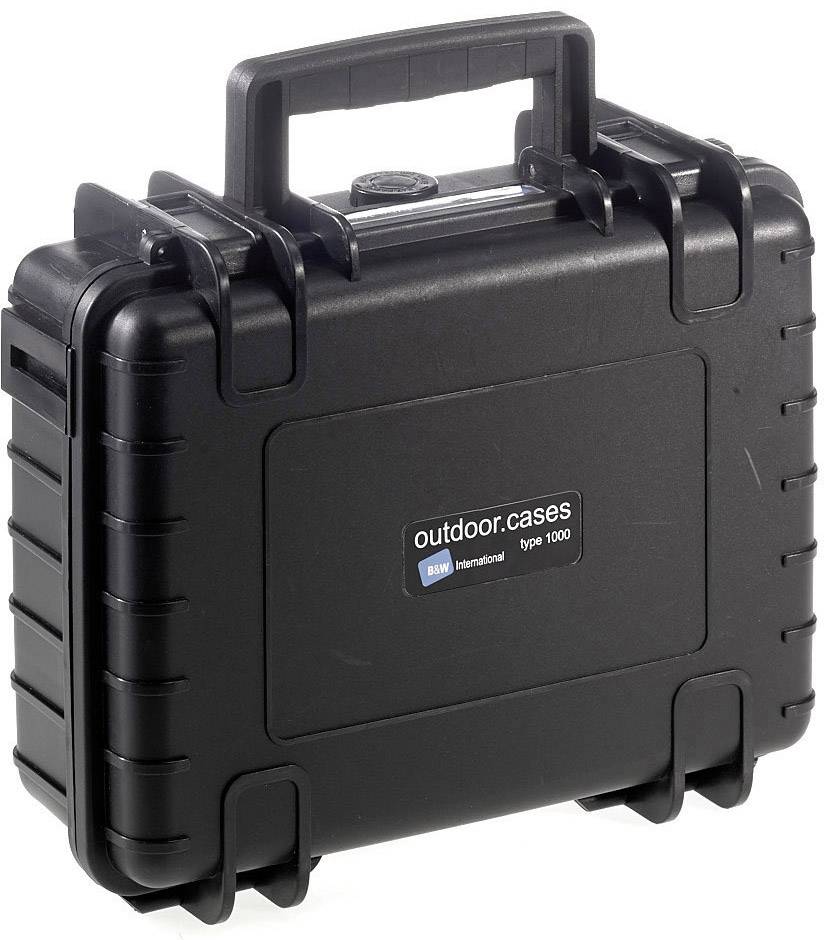 Černý, robustní outdoorový kufr s rukojetí, s nápisem 'outdoor.cases type 1000'. Vhodný pro bezpečnou přepravu citlivých předmětů.