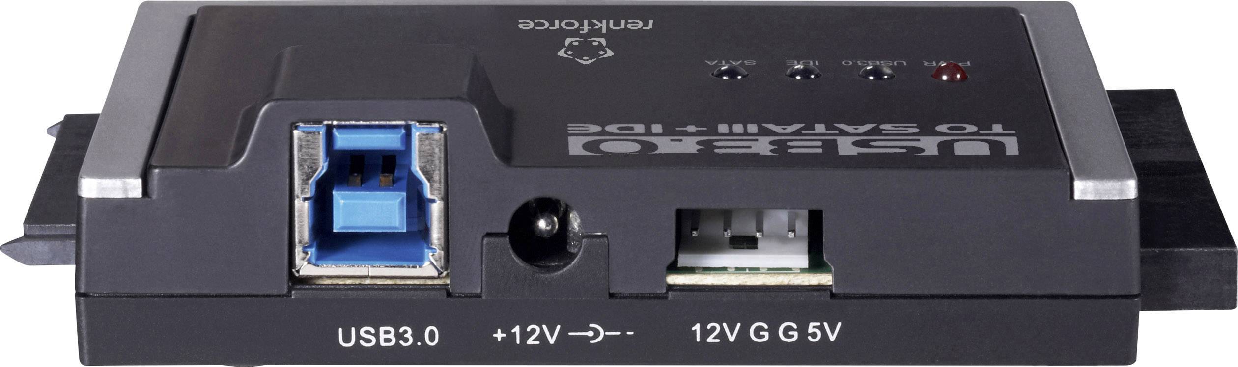 USB adaptér propojuje rozhraní SATA s IDE, disponuje konektory pro USB3.0, 12V napájení a LED indikátory provozu a funkčnosti.