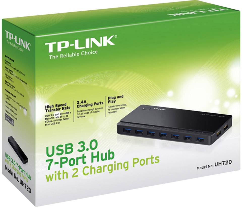 Balení USB 3.0 rozbočovače TP-LINK se 7 porty a 2 nabíjecími porty. Vlastnosti: Vysoká přenosová rychlost, nabíjecí porty s proudem 2,4 A. Model UH720.