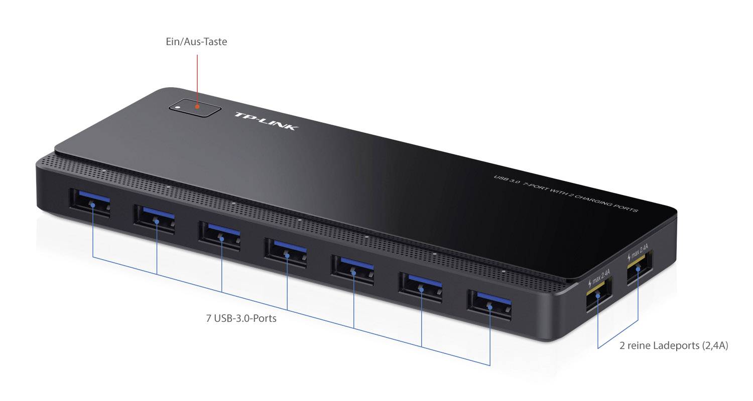 USB rozbočovač se sedmi USB 3.0 porty a dvěma nabíjecími porty (2,4A). Vypínač se nachází nahoře.