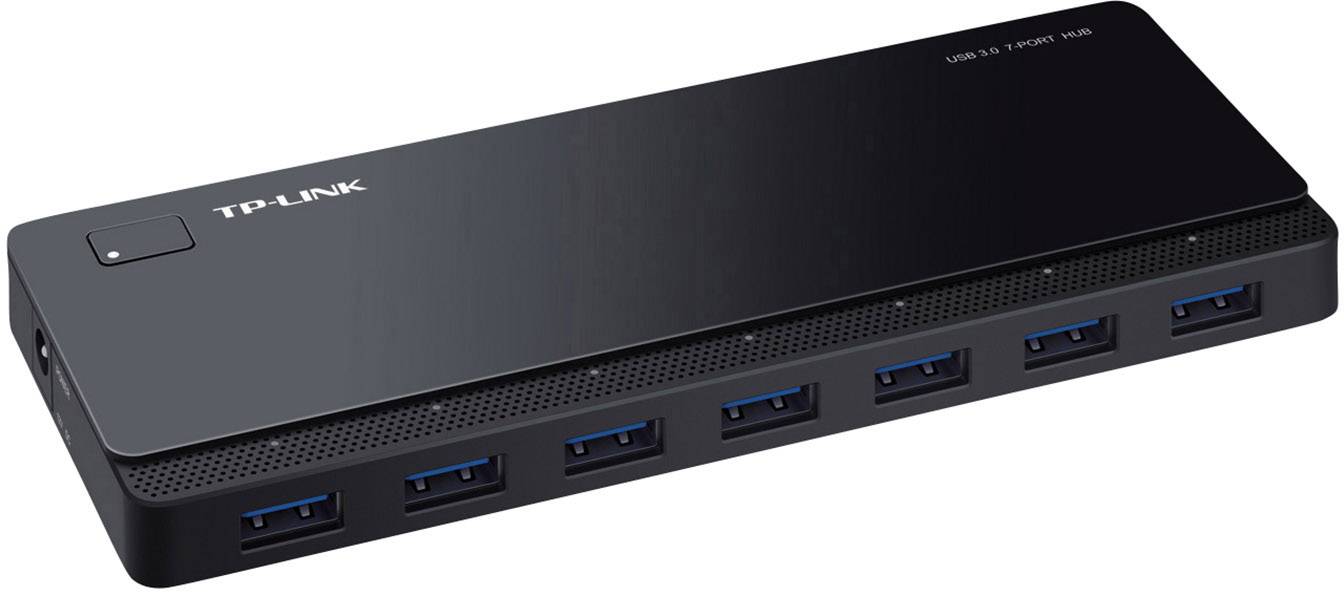 USB 3.0 hub od TP-Linku se sedmi porty pro rozšíření kapacity USB portů. Černý, obdélníkový design.