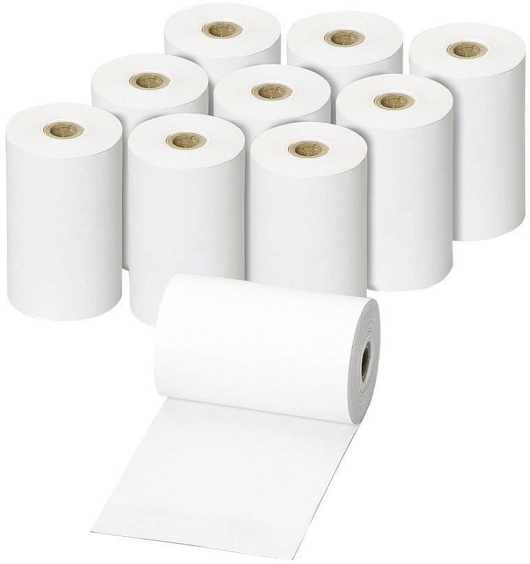 Deset bílých termálních rolí, převážně ve svislé poloze; jedna leží vpředu otevřená. Často používané v pokladních systémech.