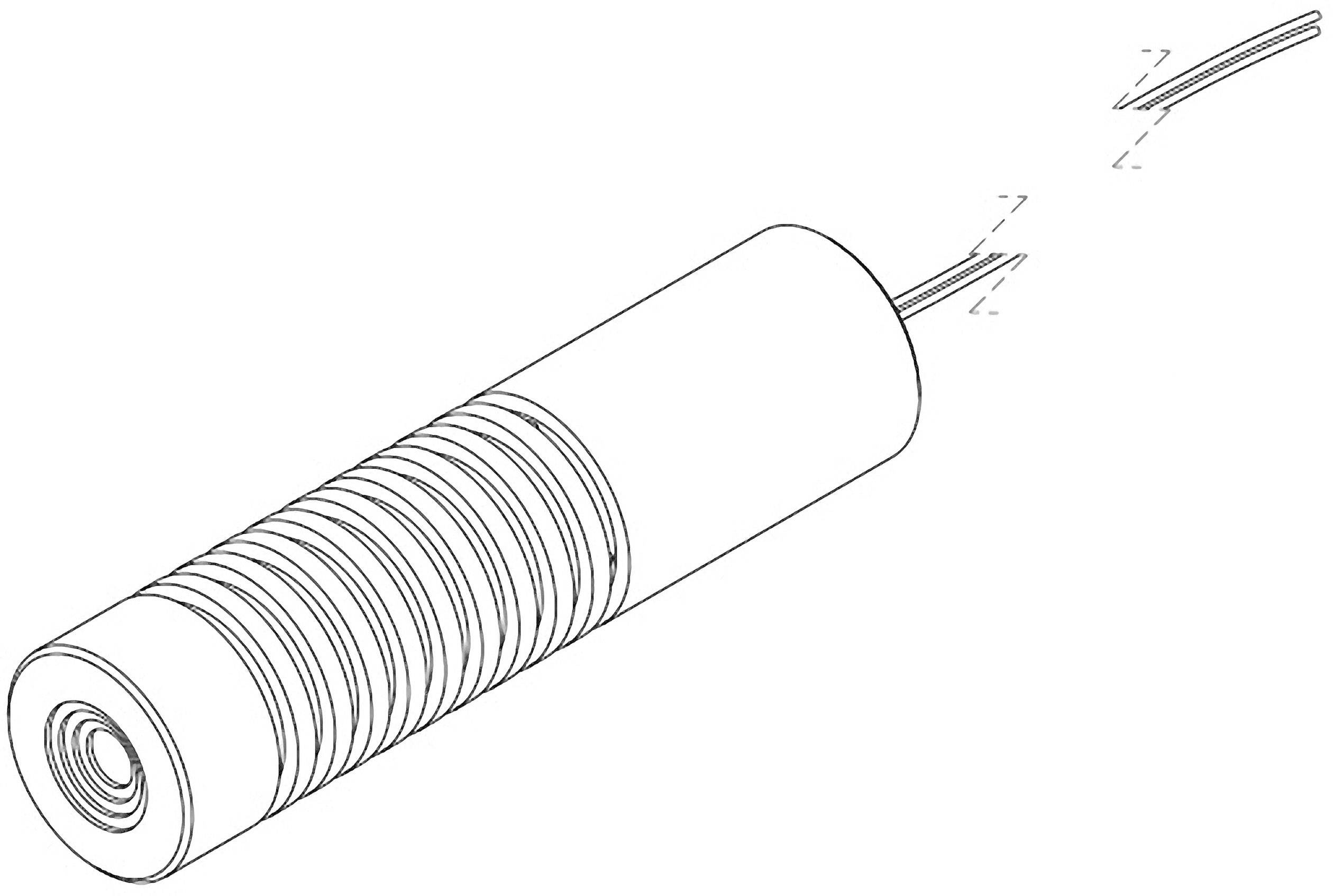 Válcová elektrická komponenta s kabelovým připojením; typické pro senzory. Kabel vychází z válcového tělesa vpravo.