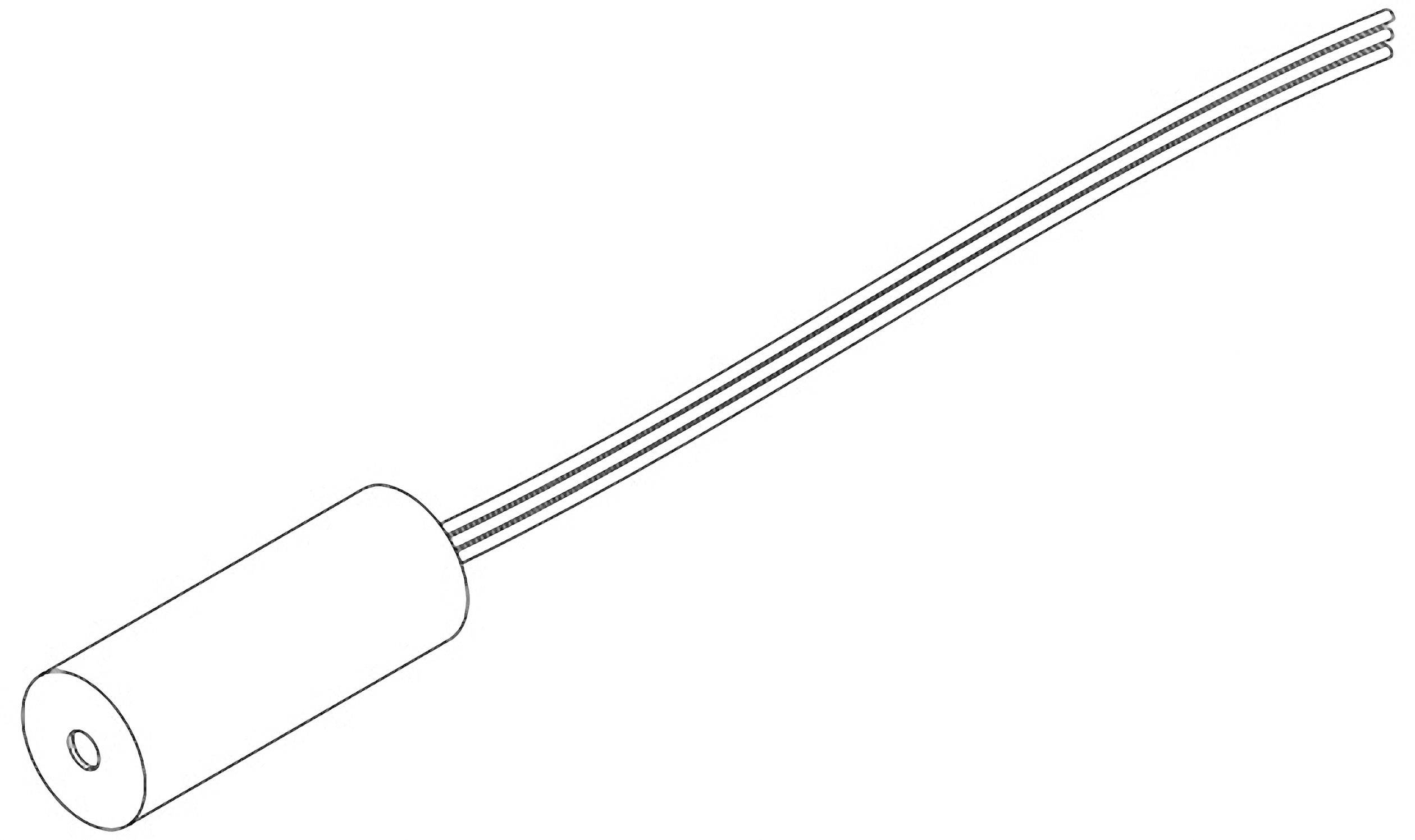 Ilustrace válcové elektrické součástky se třemi vyvedenými vodiči.