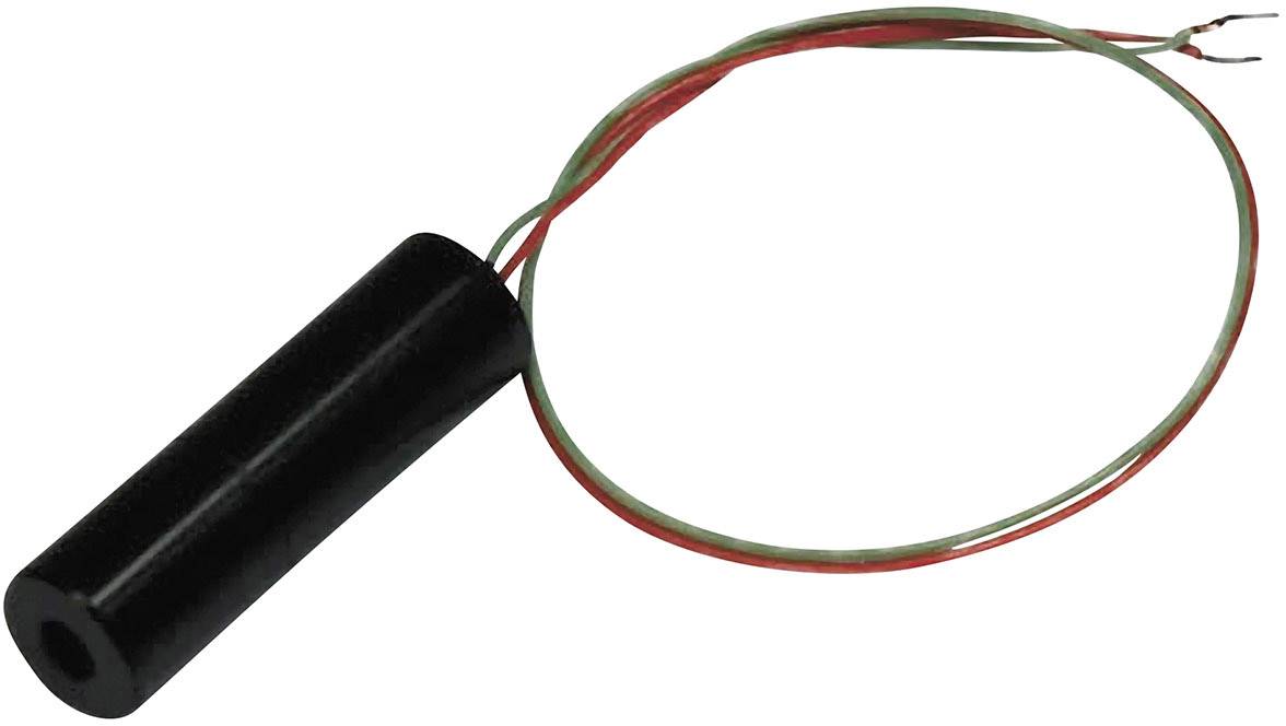 Válcový senzor se dvěma drátovými připojeními, červeným a zeleným, určený k detekci pohybu v elektronických zařízeních.