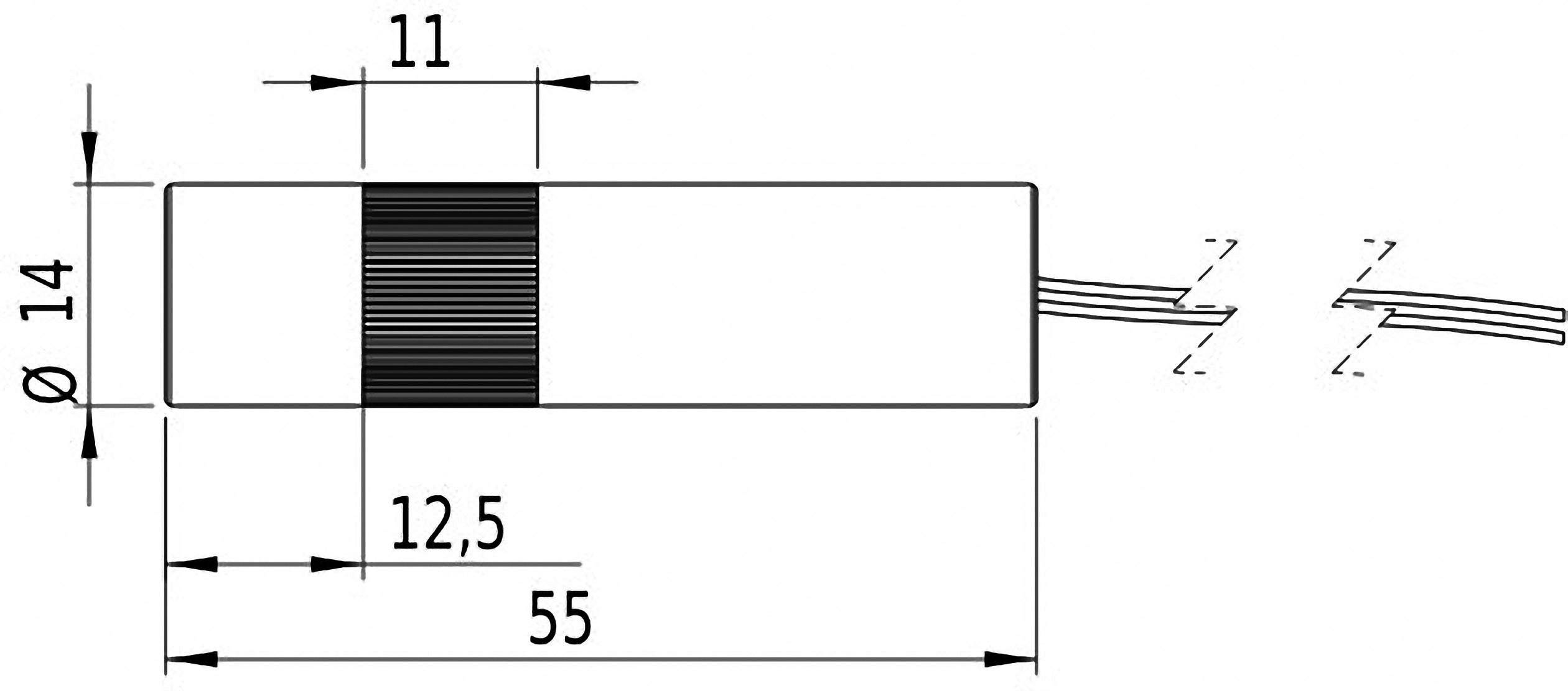 Technický výkres válcového objektu o průměru 14 mm a délce 55 mm; jsou uvedeny detailní rozměry.