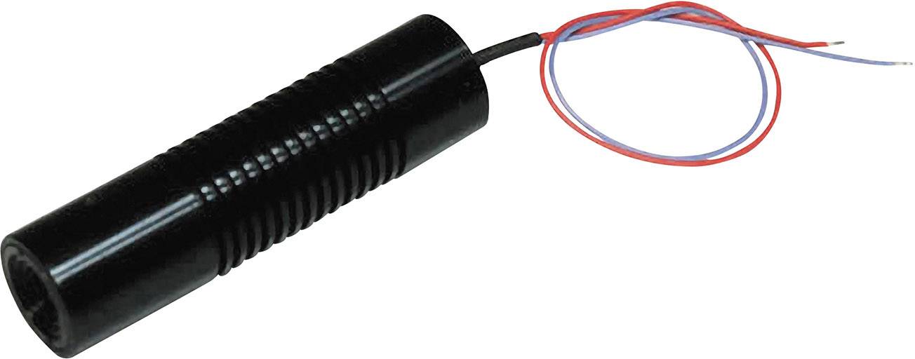 Černý válcový elektrický senzor se dvěma vyčnívajícími vodiči v modré a červené barvě. Vhodný pro technické aplikace.