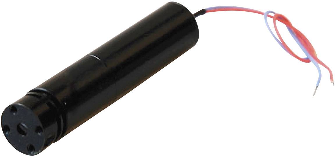 Na obrázku je válcovitý černý elektromotor se dvěma vyčnívajícími vodiči, jedním červeným a jedním modrým.