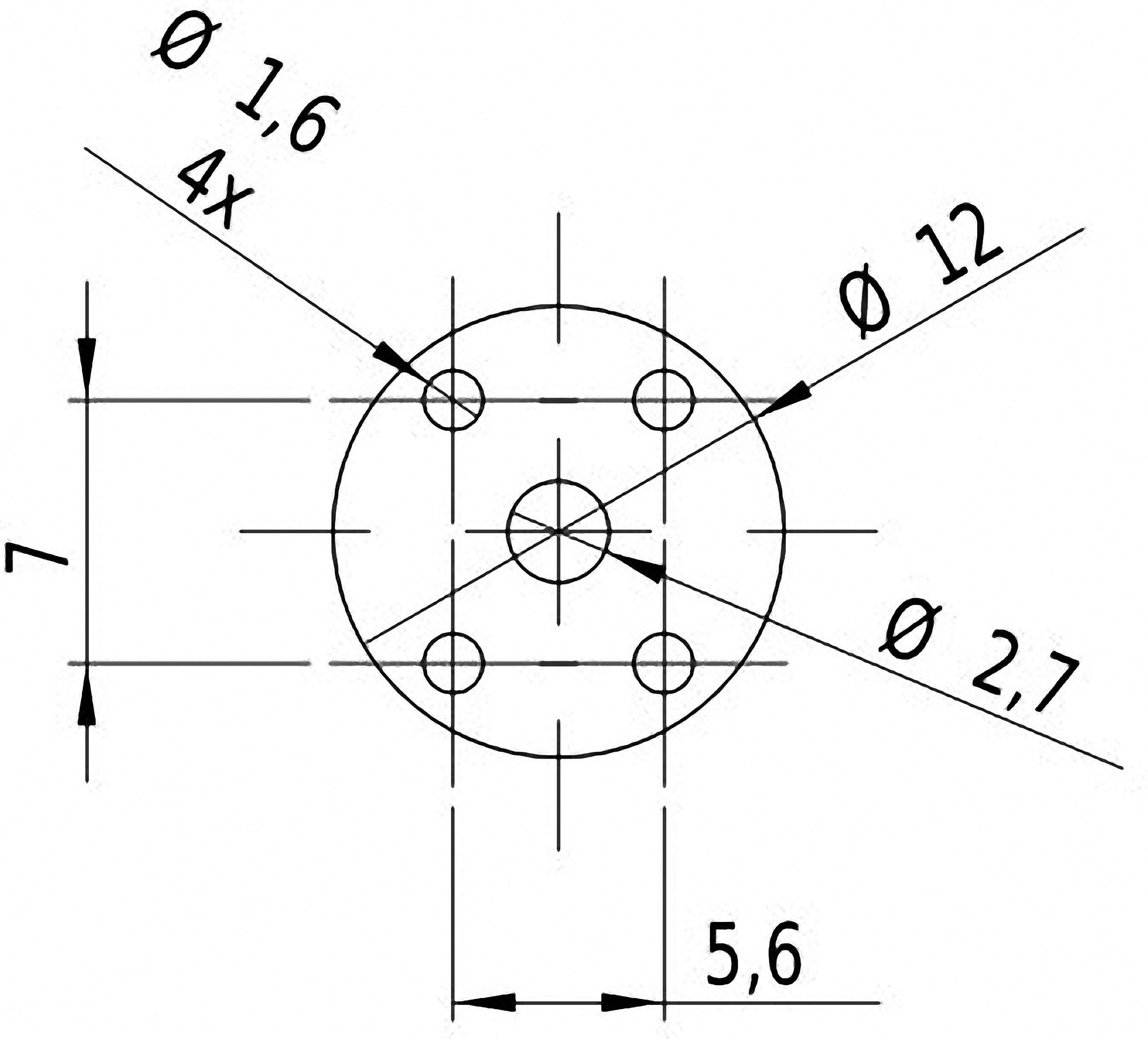 Technický výkres kruhu o průměru 12 mm, se čtyřmi otvory Ø 1,6 mm, centrálním otvorem Ø 2,7 mm. Rozměry: 5,6 x 7 mm.