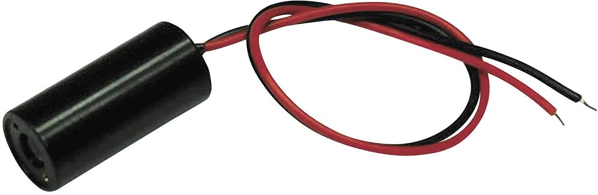 Válcový elektromagnet se dvěma připojenými vodiči, červeným a černým, na bílém pozadí.