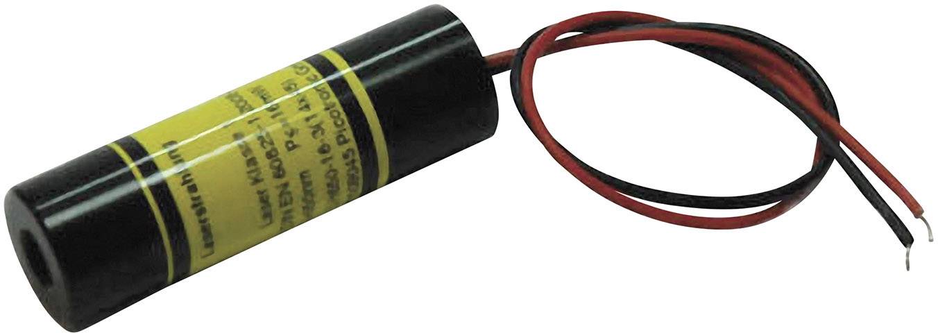 Černý válcový válec se žlutým štítkem a dvěma vyčnívajícími vodiči, červeným a černým; pravděpodobně elektronická součástka.