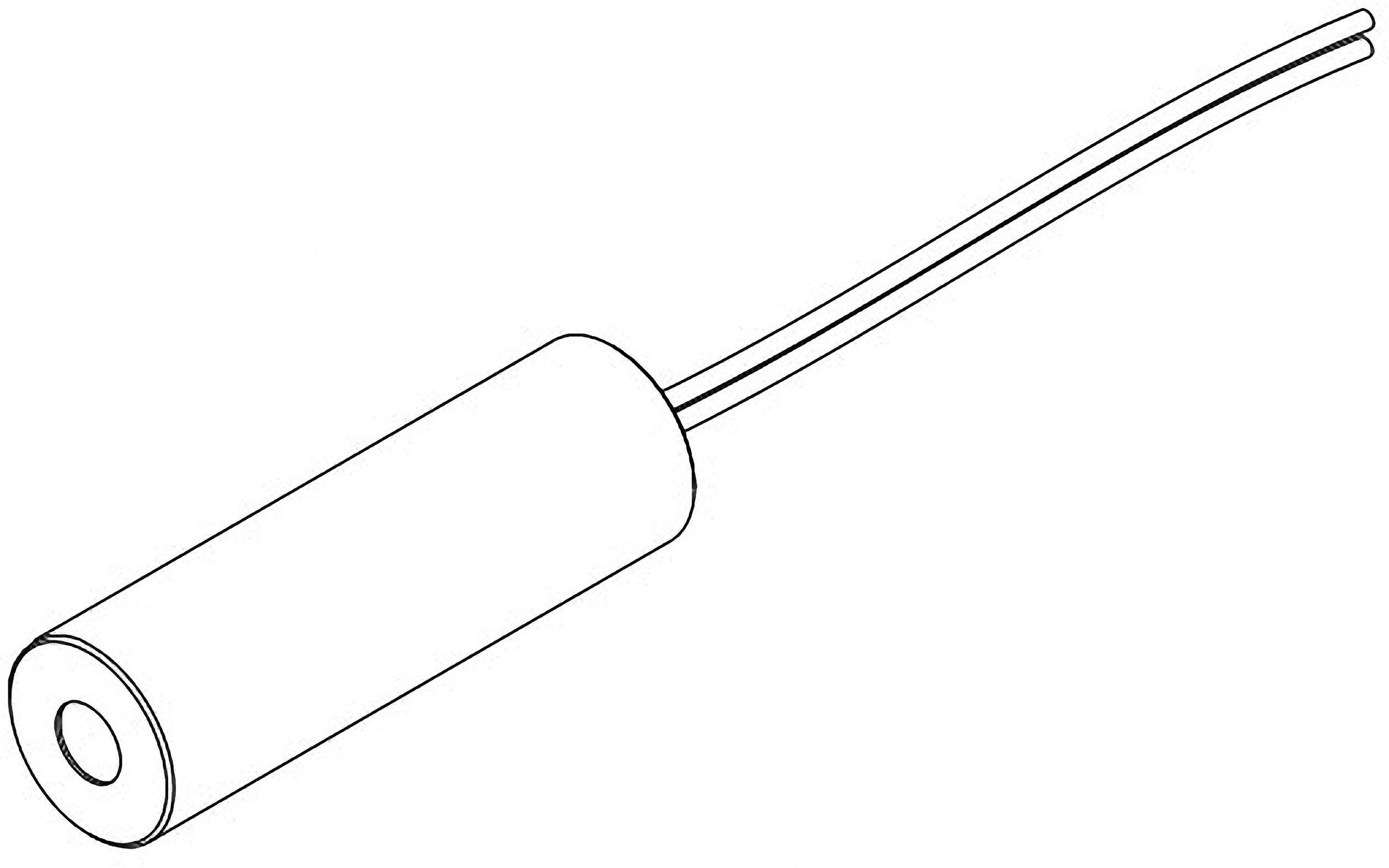 Válcový senzor se dvěma vyčnívajícími vodiči; typický design pro elektrické aplikace zařízení.