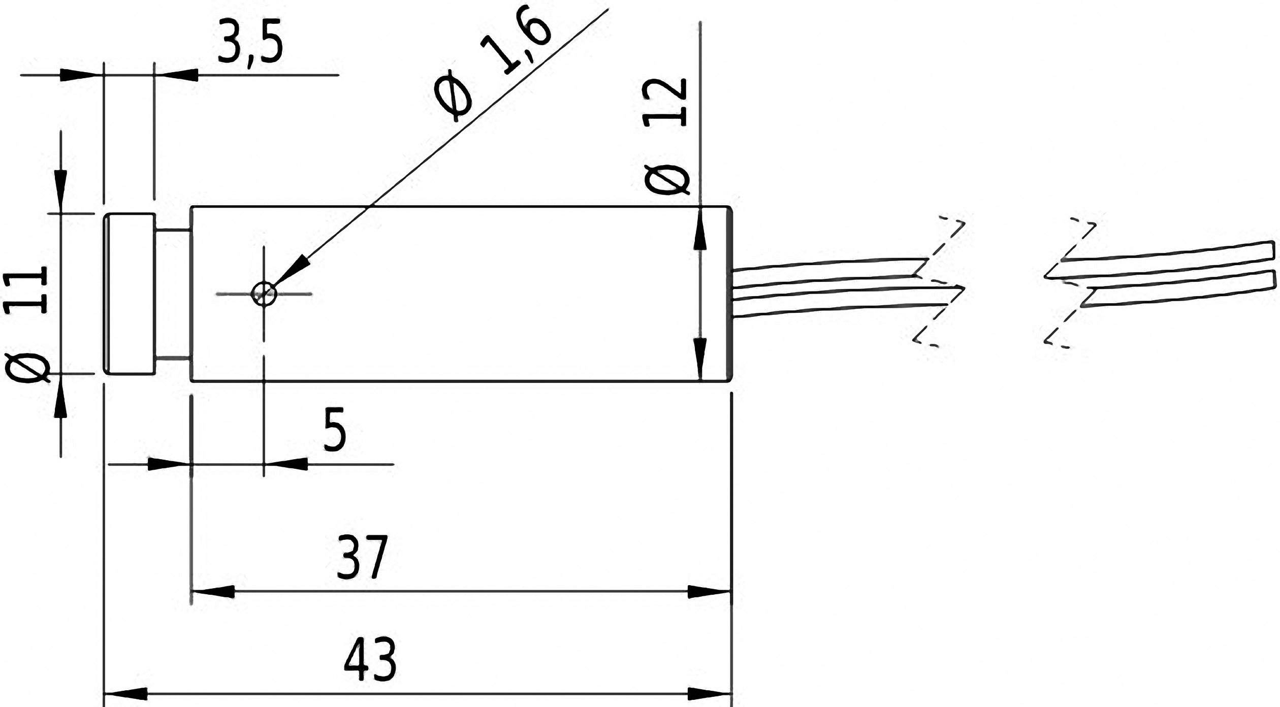 Diagram válcové elektronické součástky s rozměry: délka 43 mm, průměr 11 mm, kabelové připojení vpravo.