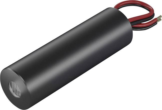 Černý válcový LED osvětlovací prvek s červenými a černými vodiči na jednom konci. Zvlněný na přední straně pro výstup světla.