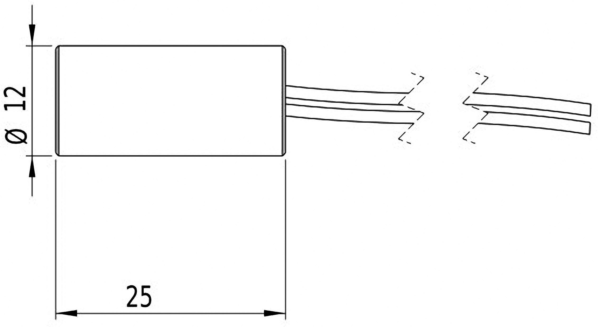 Technický výkres válcové součástky, 25 mm dlouhé a 12 mm v průměru, s vyčnívajícími kabely na obou koncích.