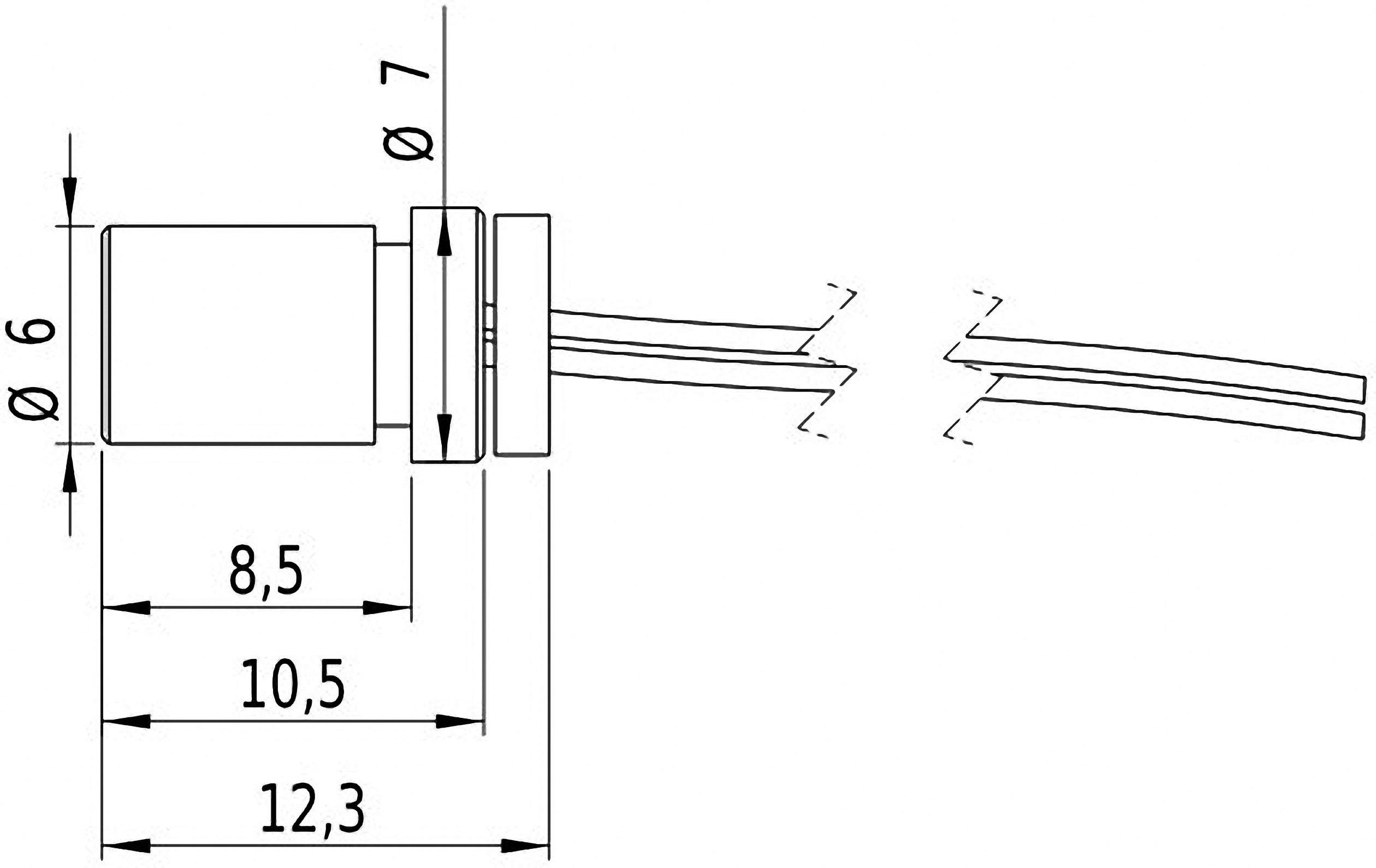 Nákres válcové elektrické součástky s kabely. Rozměry: průměr 6 mm, délka 12,3 mm, další rozměry 8,5 mm a 10,5 mm.