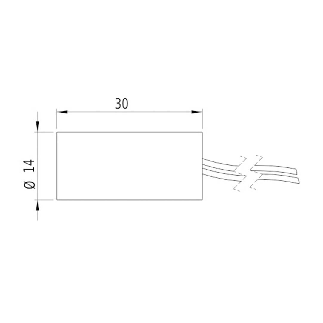 Diagram obdélníkové elektronické součástky s rozměry 30 mm délky a 14 mm průměru, včetně připojovacích vodičů.