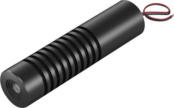 Černý válcový laserový ukazovátko s červenými a černými kabely na bílém pozadí.