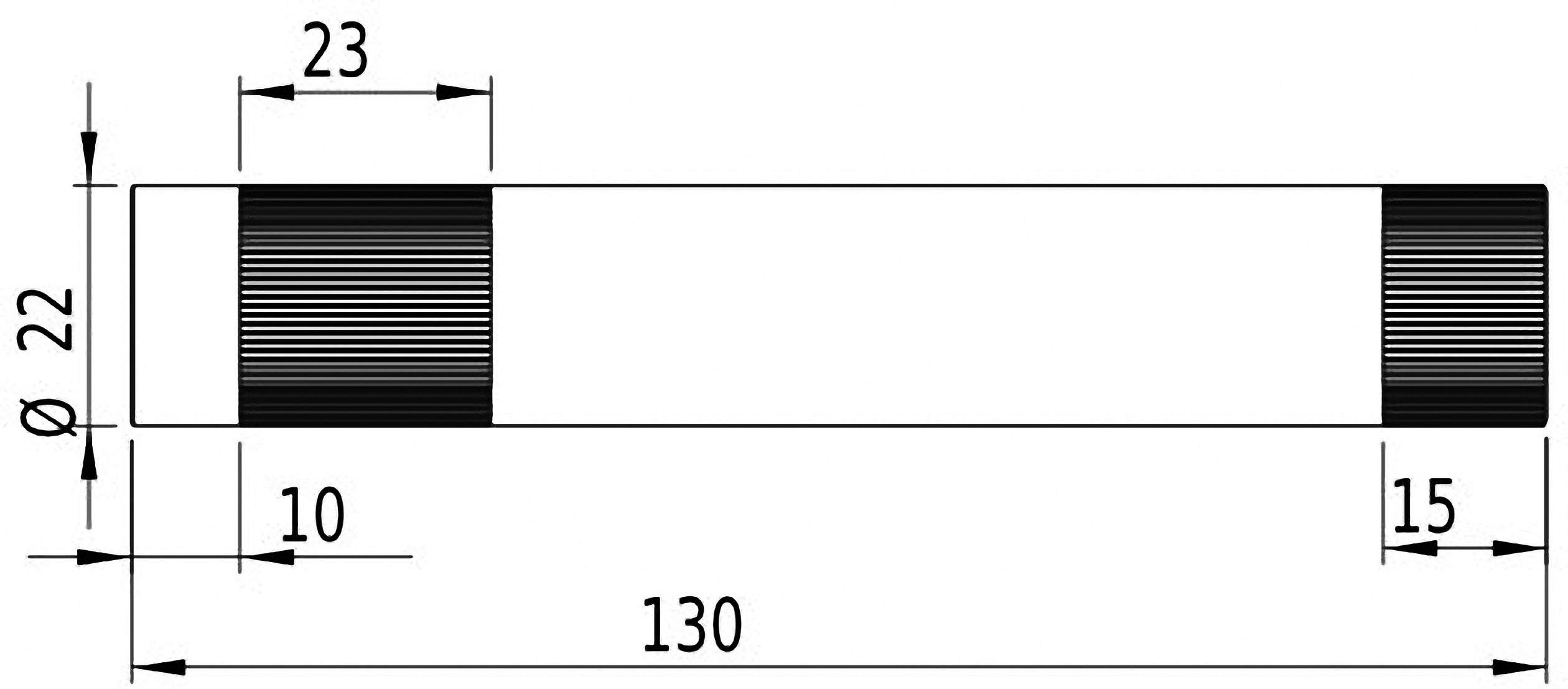 Technický výkres válcového objektu s délkovými rozměry: 23 mm, 130 mm, 10 mm a 15 mm. Průměr: 22 mm.