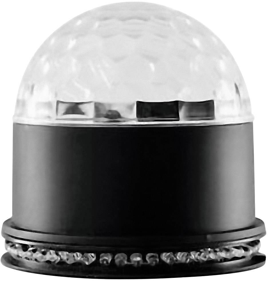 Černá a průsvitná LED lampa ve tvaru polokoule, stojící na černém podstavci.