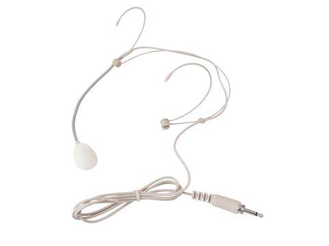 Béžová náhlavní mikrofon se štíhlým ramenem, háčkem na ucho a 3,5mm jack konektorem.