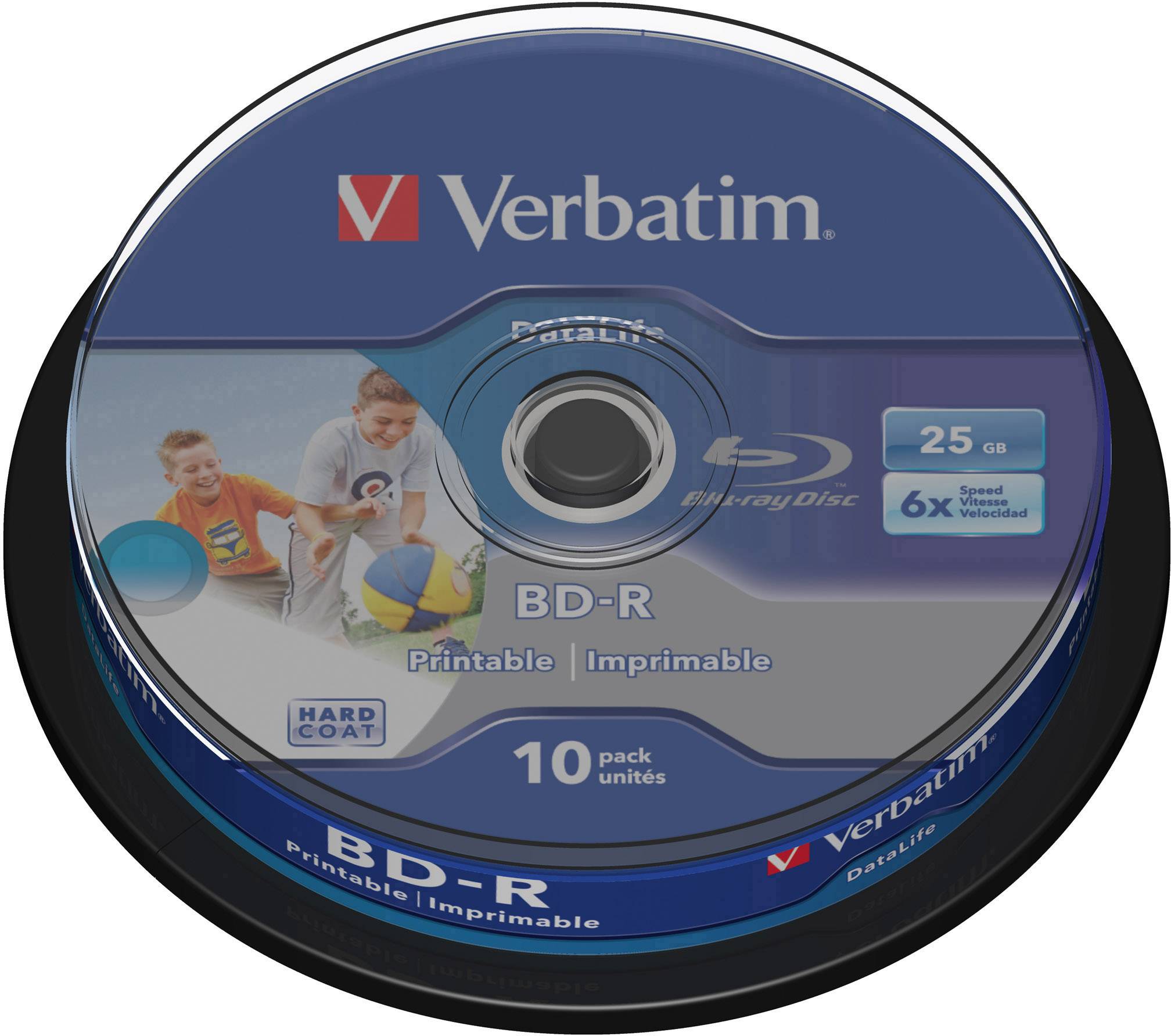 BD-R disk od Verbatimu s kapacitou 25 GB, vhodný pro jednorázové použití, zobrazuje děti při hře na obalu.
