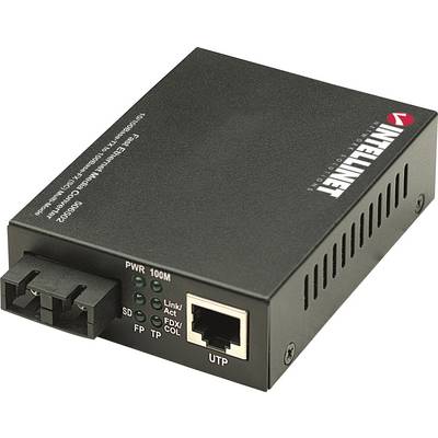 Černý síťový mediální konvertor s SD a ethernetovými porty, používaný pro konverzi signálů z optických vláken do ethernetového formátu.