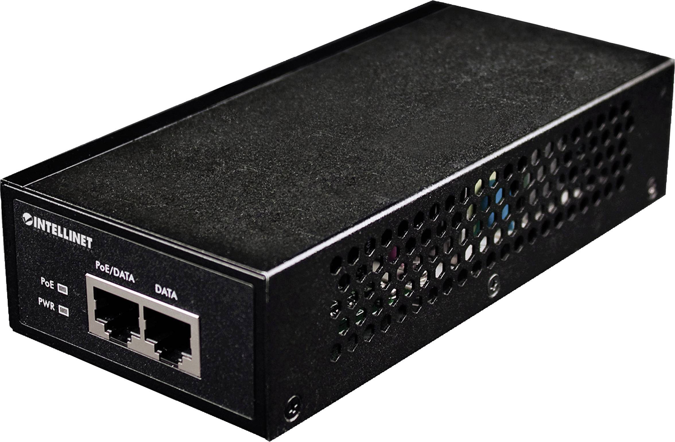 Černý síťový PoE switch se dvěma ethernetovými porty, označenými jako 'PoE/Data' a 'Data'. Vlevo je logo značky.