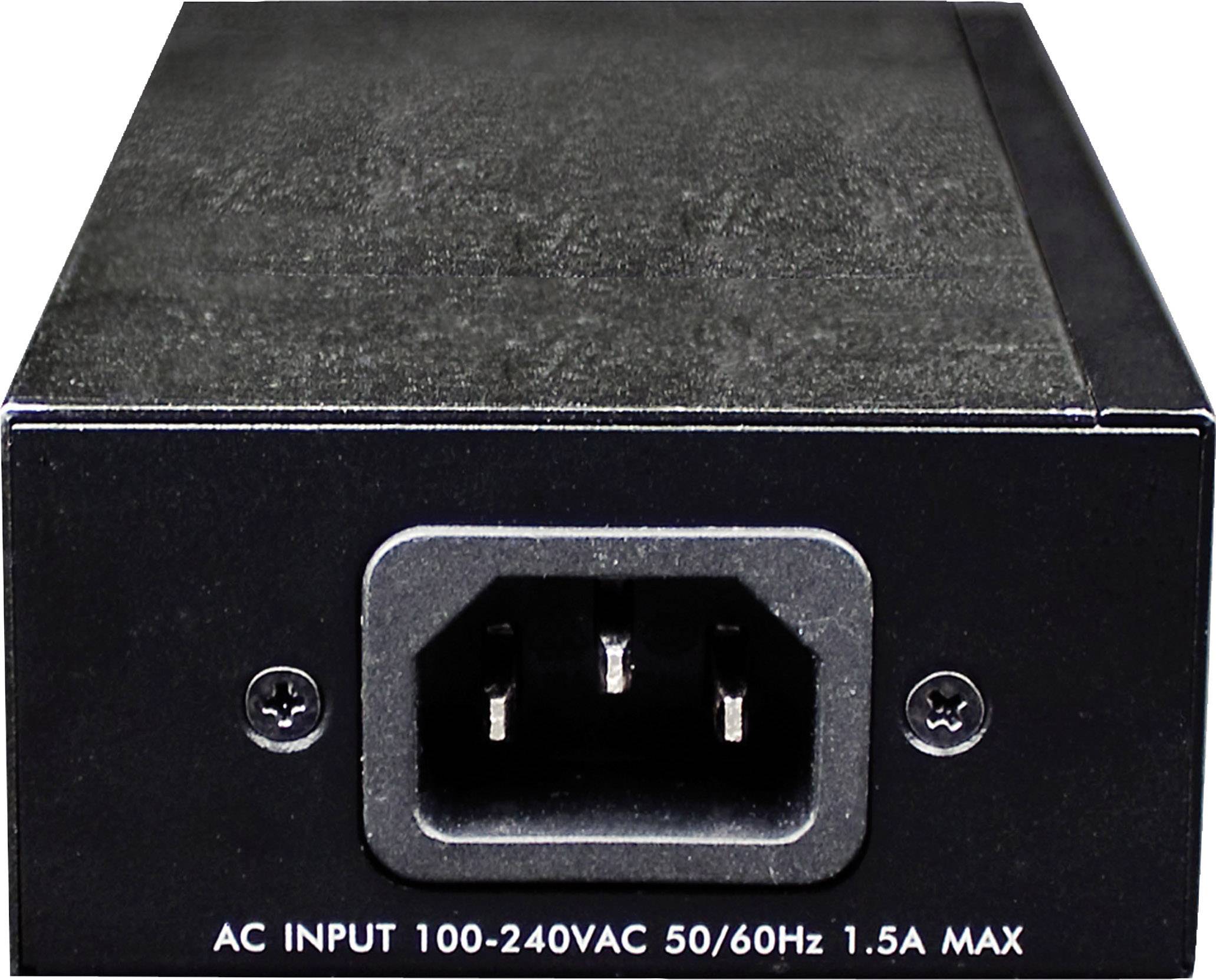 Černý síťový adaptér zezadu, ukazuje třípólové síťové připojení; popis dole: 'AC VSTUP 100-240V AC 50/60Hz 1.5A MAX'.