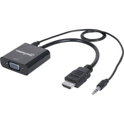 HDMI-VGA adaptér s černým kabelem, HDMI konektorem, VGA zdířkou a dodatečným audio konektorem.