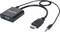 HDMI-VGA adaptér s černým kabelem, HDMI konektorem, VGA zdířkou a dodatečným audio konektorem.