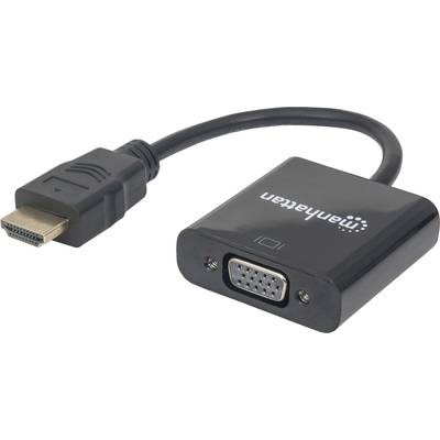 Černý adaptér s HDMI konektorem na jedné straně a VGA portem na straně druhé, s logem 'Manhattan'.