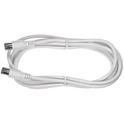 Bílý koaxiální kabel se dvěma konektory, vhodný pro připojení televizních přístrojů nebo antén.