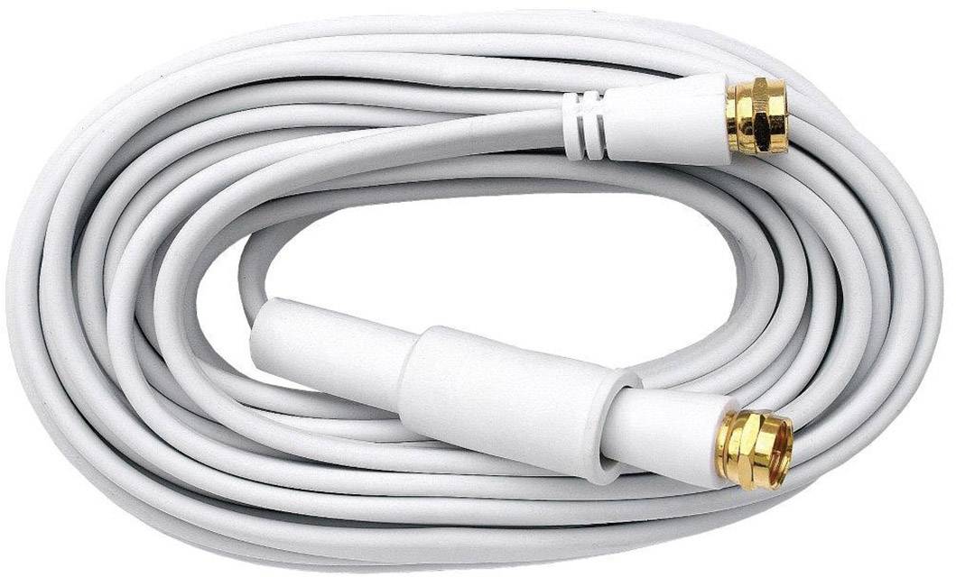 Dlouhý bílý koaxiální kabel se zlatými konektory na obou koncích, stočený do několika smyček.