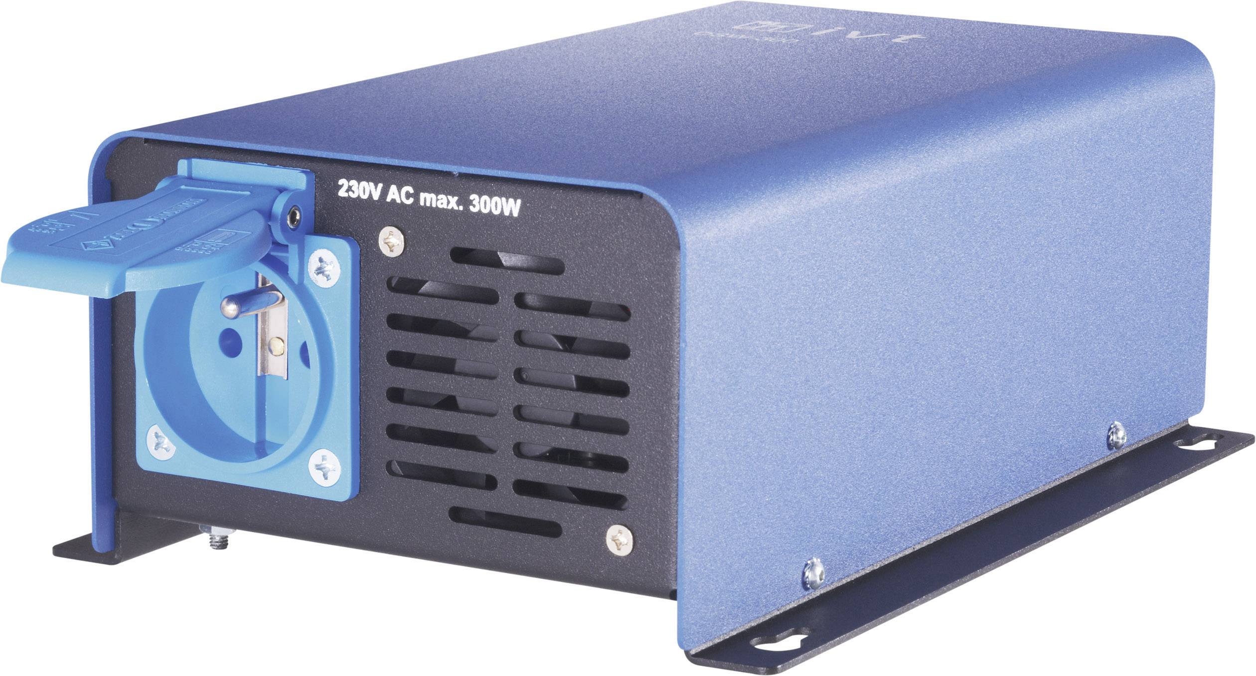 Modrý měnič napětí s modrou zásuvkou a nápisem '230V AC max. 300W'. Zařízení určené pro přeměnu napětí.