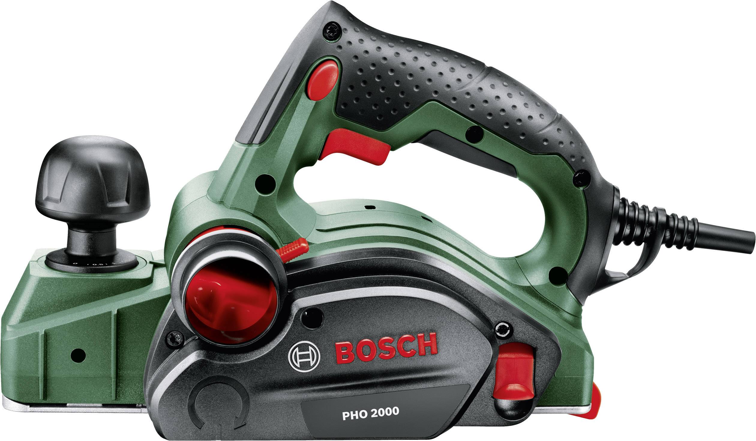 Elektrický ruční hoblík Bosch PHO 2000 v zelené a černé barvě, ideální pro vyhlazování dřevěných povrchů. S ergonomickou rukojetí a kabelem.