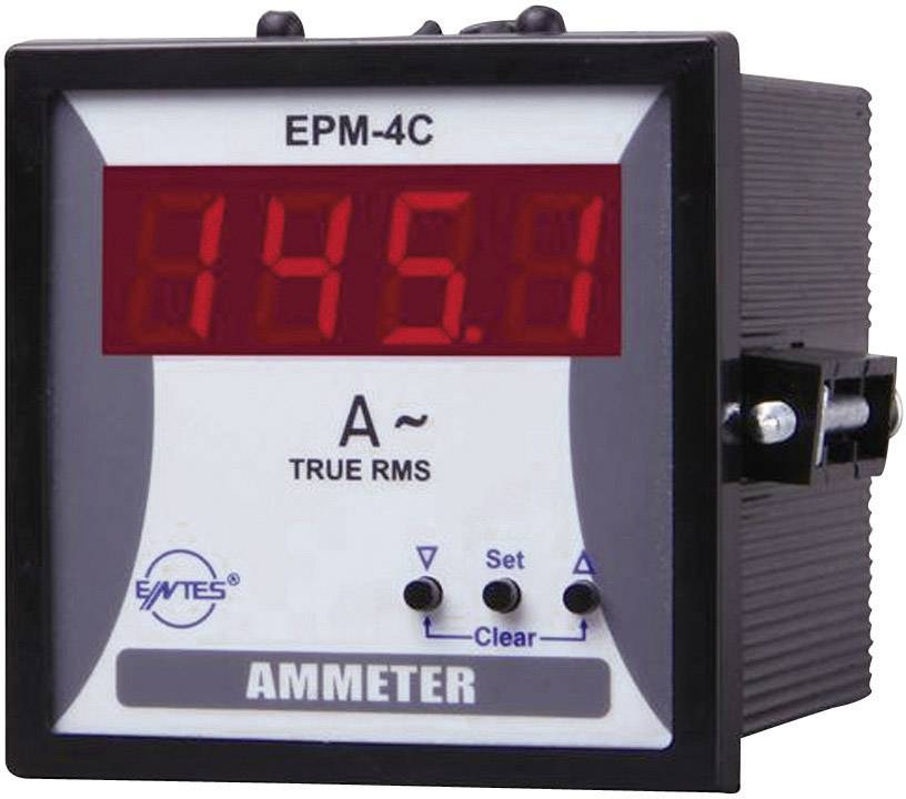 Digitální ampérmetr, model EPM-4C, zobrazuje '145,1 A'. Černé pouzdro s červenými LED indikátory a dvěma tlačítky pro nastavení.