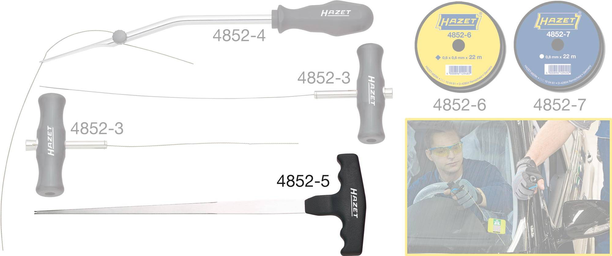 Různé nástroje pro opravu autoskel s logem HAZET. Osoba v ochranných brýlích při práci na automobilu.
