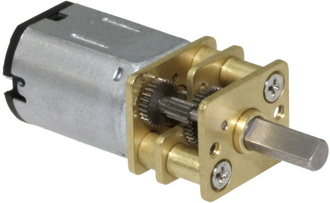 Malý elektromotor s integrovanou ozubenou převodovkou. Vyrobený z kovu, vhodný pro mechanické aplikace.