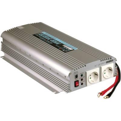 Měnič s stříbrným krytem a dvěma zásuvkami, vhodný pro přeměnu stejnosměrného proudu na střídavý pro elektronická zařízení.