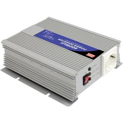 Stříbrný 600W měnič proudu s chladicími žebry, kontrolkami a spínačem. Logo značky nahoře vpravo. Elektrické připojení na pravé straně.