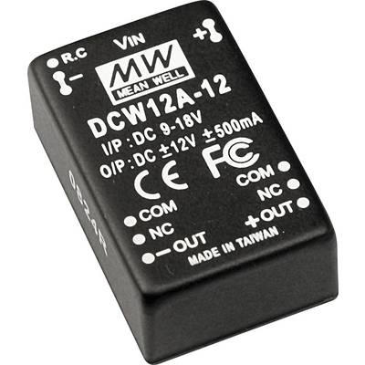 Černý elektronický modul s nápisem 'MEAN WELL DCW12A-12', vstup: DC 9-18V, výstup: DC +12V, 500mA, logo CE.