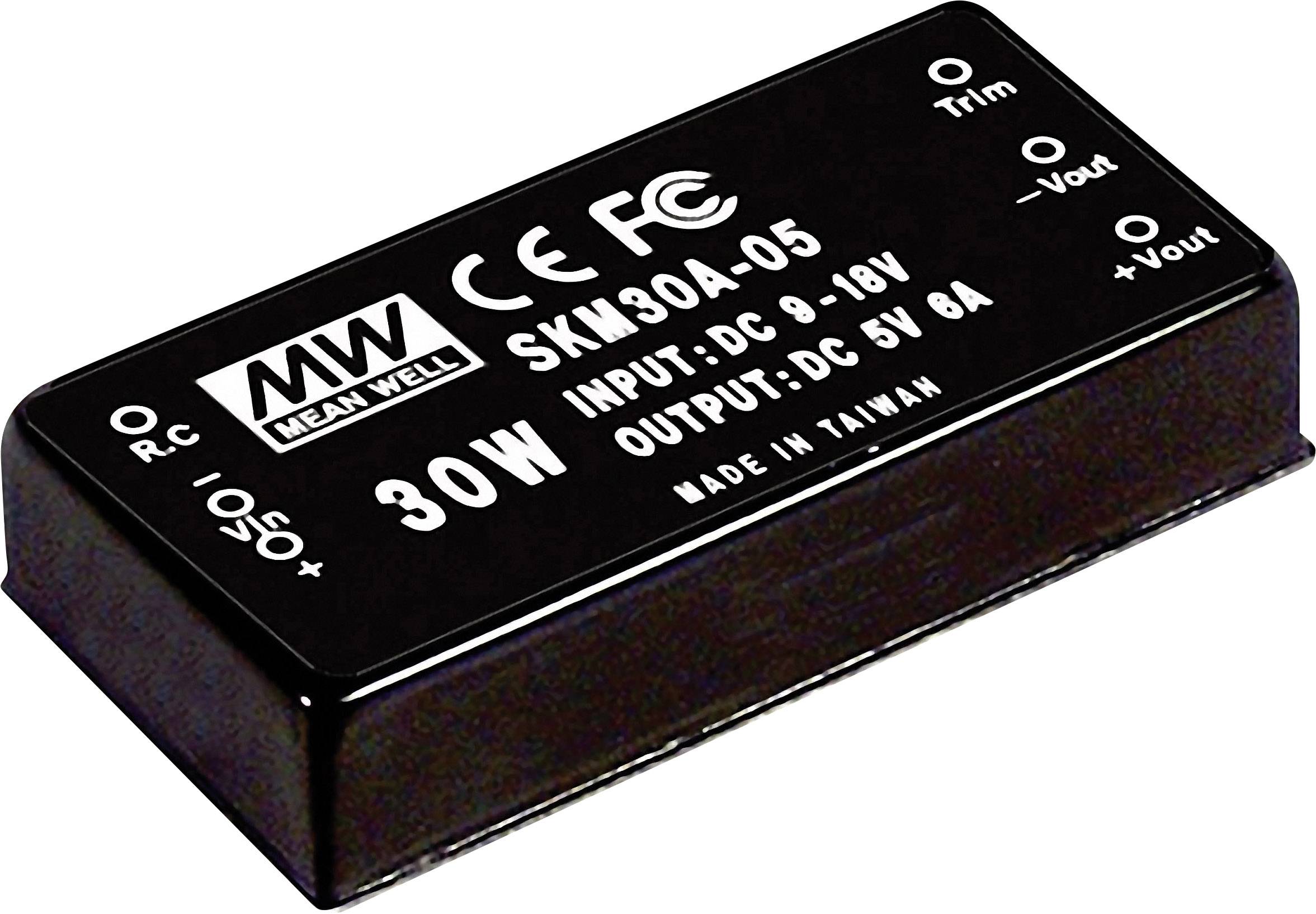 Elektronický měnič napětí od Mean Well. Model SKM30A-05, vstupní napětí 9-18V, výstupní napětí 5V, 6A, 30W. Vyrobeno na Tchaj-wanu.