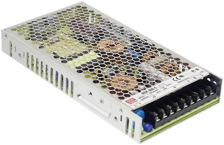 Napájecí zdroj v kovovém pouzdře s větracími otvory, vhodný pro napájení elektronických zařízení, model RSP-200.