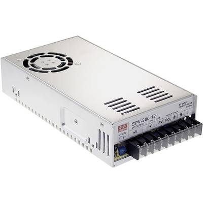 Napájecí jednotka stromového vedení SPV-300-12, kovový kryt s ventilátorem, připojovací svorky a štítek se specifikacemi na boku.