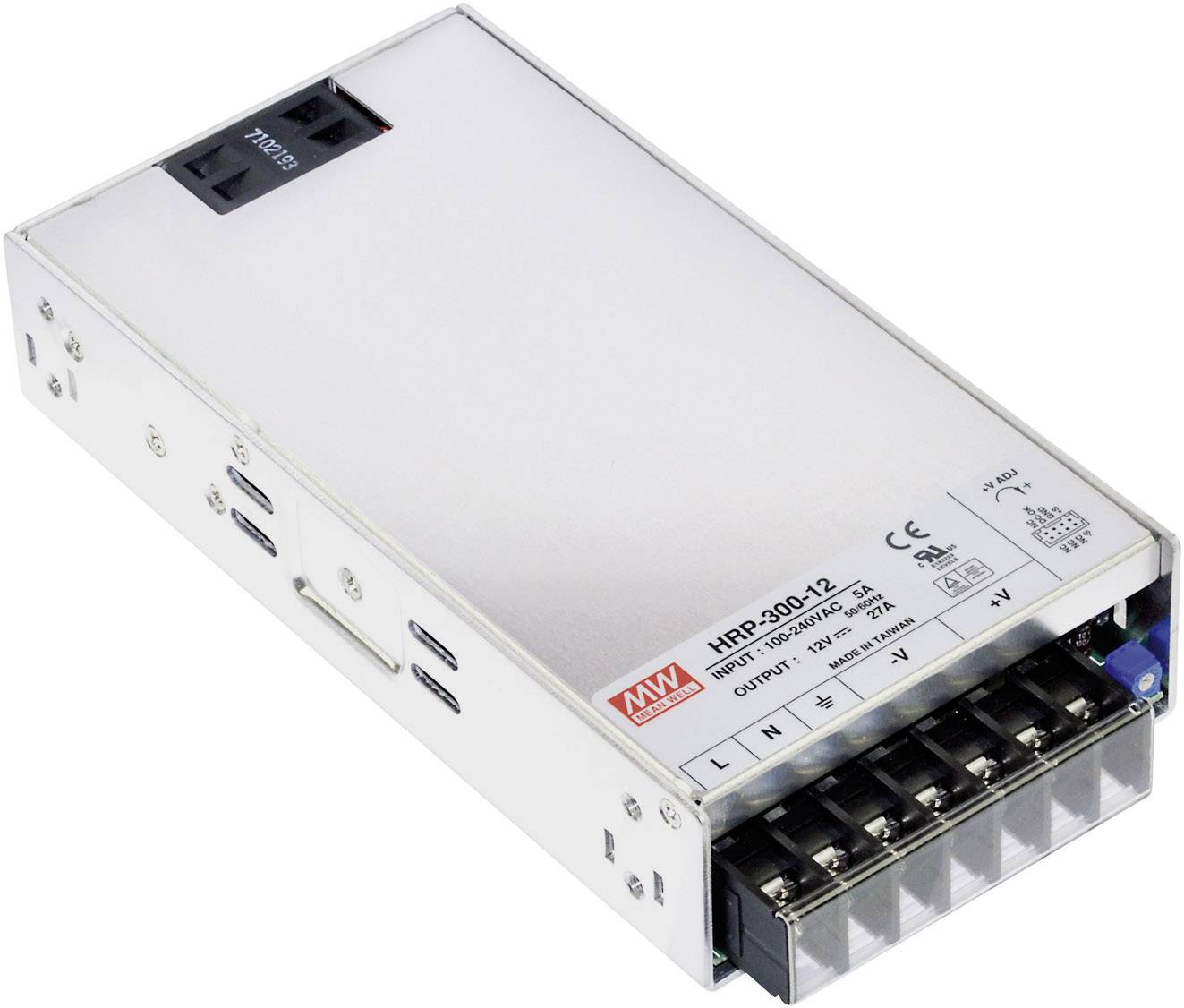 Napájecí zdroj Mean Well HRP-300-12, stříbrný, pro 12V, výstupní výkon 300W. Obdélníkový tvar s několika připojovacími svorkami.