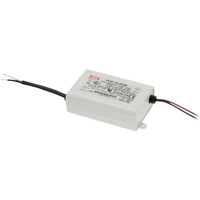 Obdélníkový bílý LED driver od společnosti Mean Well s černými a červenými kabely na jedné straně, s vytištěnými technickými specifikacemi.